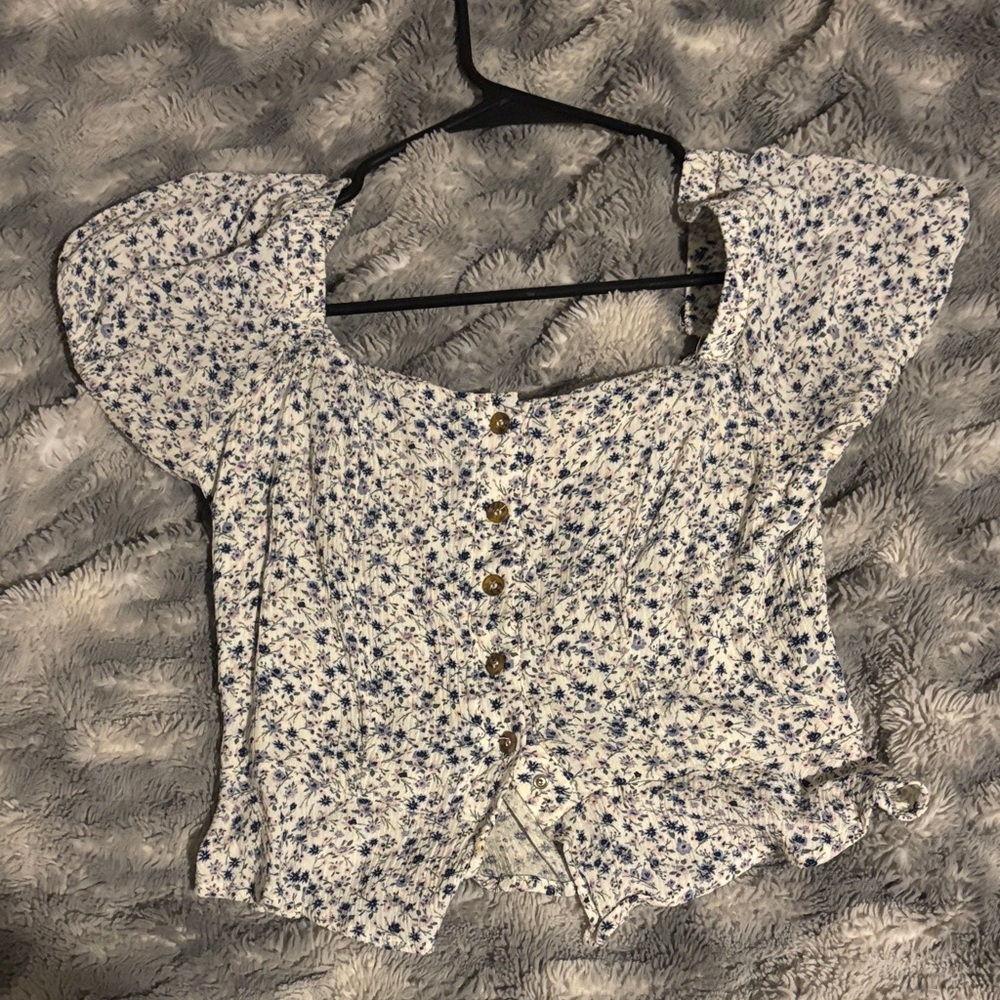 Elegant Blue Floral Button-Up Blouse